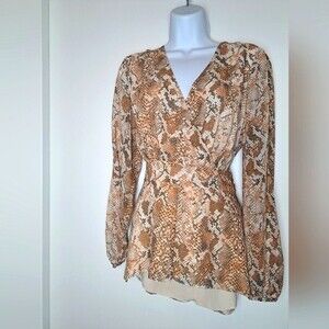 Guess animal print smocked sleeve sheer blouse s